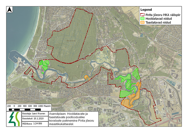 Asendiplaan: Hooldatavate ja taastatavate poollooduslike koosluste paiknemine Pirita jõeoru maastikukaitsealal