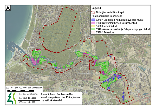 Asendiplaan: Poollooduslike koosluste paiknemine Pirita jõeoru maastikukaitsealal