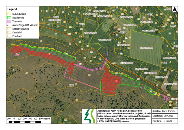 Alam-Pedja looduskaitse ala Soosaare SKV jääksoo ja see servalade taastamise asendiplaan ja 8. veebruariks teostatud raietööde ala